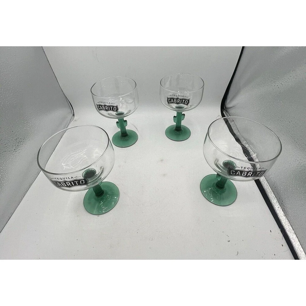Cabrito Tequila Margarita Glasses Set of 4 Green Cactus Stem Barware
